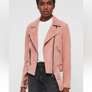 All Saints Nina Dobrev Gidley Suede Pink Moto Biker Jacket. Size 6.
